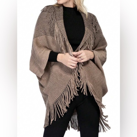 Ruggine Sweaters - Ruggine Knit Fringe Poncho Shrug Wrap Taupe Brown Tan